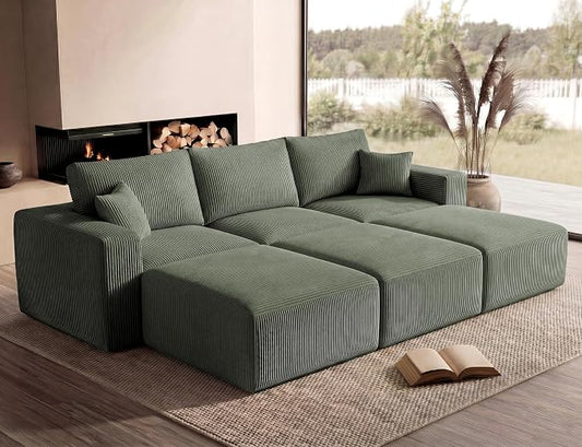 Modular Sectional Sofa Bed with Chaise, 115" Memory Foam Cloud Couch, Boneless Corduroy Upholstered Floor Couch, No Assembly Required Living Room Furniture for Apartment Home, Green