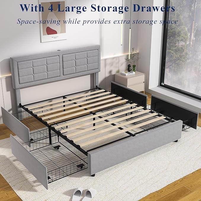 VECELO Queen Size Bed Frame with 4 Storage Drawers & Adjustable Headboard, Built-in Charging Station, Upholstered Bedframe with Wood Slats Support, Light Grey