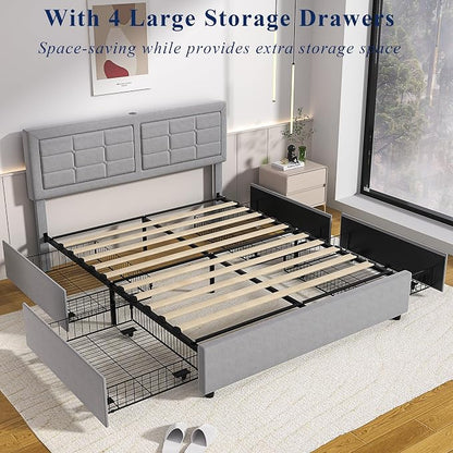 VECELO Queen Size Bed Frame with 4 Storage Drawers & Adjustable Headboard, Built-in Charging Station, Upholstered Bedframe with Wood Slats Support, Light Grey