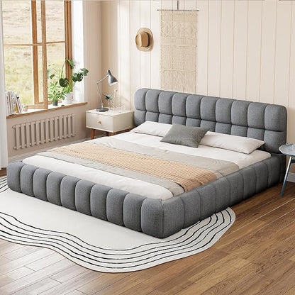 King Size Upholstered Platform Bed with Thick Fabric,Low Wood Grounded Bed W/Headboard & Footboard,Slat Support,No Box Spring Needed, Easy Assemble,Gray