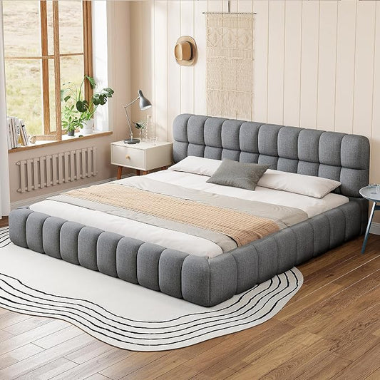 King Size Upholstered Platform Bed with Thick Fabric,Low Wood Grounded Bed W/Headboard & Footboard,Slat Support,No Box Spring Needed, Easy Assemble,Gray
