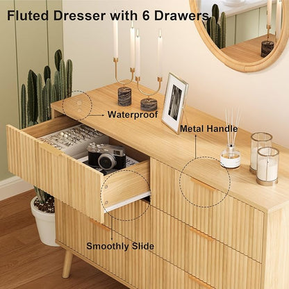 Fluted 6 Drawers Dresser for Bedroom, Wooden Wide Chest of Drawers with Metal Handle, Dresser TV Stand, Closet Storage Organizer for Entryway, Living Room, Hallway (Natural)