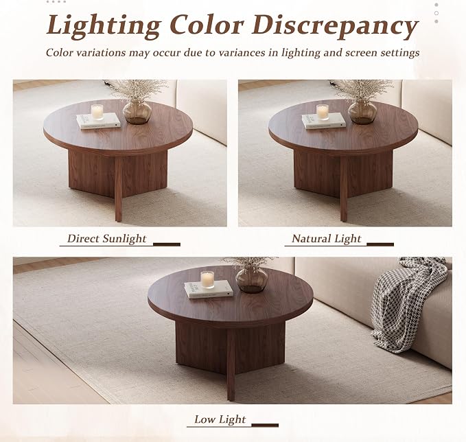 Luoxiao Round Coffee Table, 31.5" Mid Century Modern Center Tables, Walnut | Triangle Base with Anti Slip Feet for Stability, Circle Accent Table for Living Room, Apartments, Space-saving, Easy Assembly
