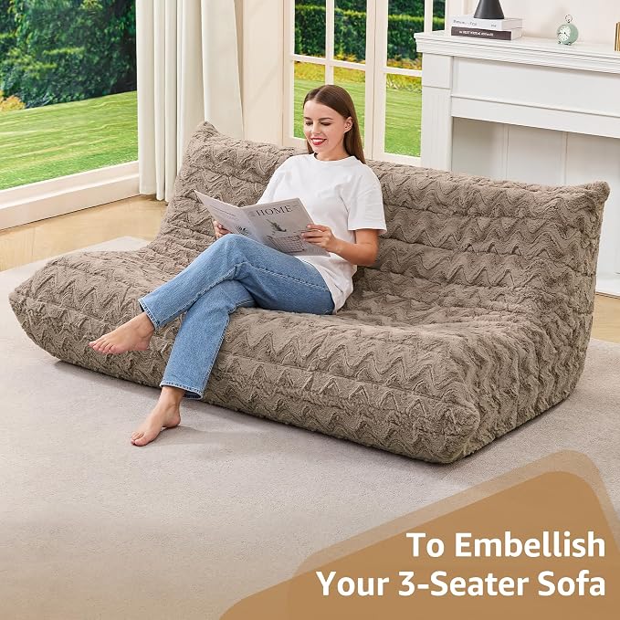 Hobestluk Giant Bean Bag Chair Faux Fur BeanBag Couch for Living Room | Brown Chevron, 3-Seater,Ergonomic Design,Memory Foam,Anti-slip Bottom,No Assembly Required,Decorative Style for Living Room