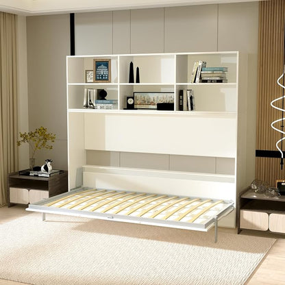 Twin Size Flipping Murphy Bed Cabinet with Shelf Storage, Modern Hideaway Beds, Wall Bedframe for Bedroom,Space-Saving, Noise Free, White