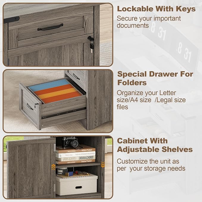 Decofy Farmhouse L Shaped Standing Desk with Storage Drawers, 67'' Corner Office Desk with File Cabinet & Charging Station, Wood Writing Computer Desk for Home Office, Study Room, Grey