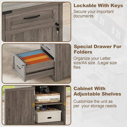 Decofy Farmhouse L Shaped Standing Desk with Storage Drawers, 67'' Corner Office Desk with File Cabinet & Charging Station, Wood Writing Computer Desk for Home Office, Study Room, Grey