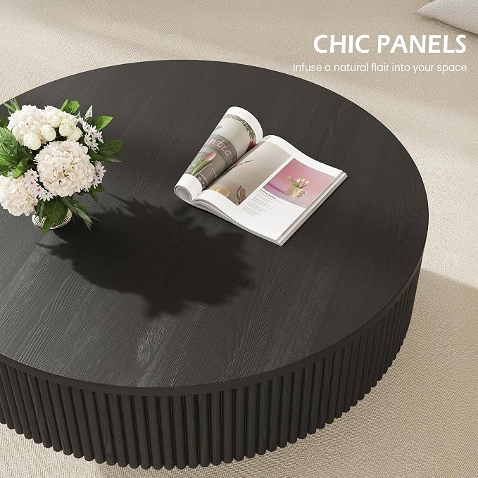 YOUDENOVA 35” Round Fluted Coffee Table, Modern Wood Circle Coffee Table, Veneer Handcrafted Relief Tea Table with Sturdy Pedestal for Living Room - Black