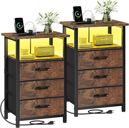 Vagusicc Night stand Set 2 with Charging Station, LED Nightstand for Bedroom, Bedside Table with 3 Fabric Drawer, End Table Side Table with USB Port & Outlets, Bed Side Table for Bedroom, Rustic Brown