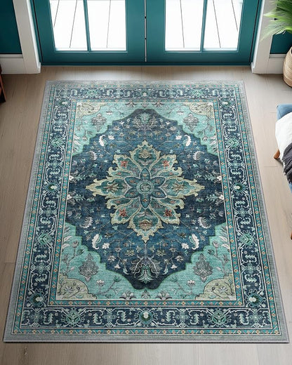 RELEANY Area Rugs 3'x4' Washable Non-Slip, Floral Vintage Distress Medallion Carpet for Living Room Bedroom Dining Room, Teal Green Lake Blue Turquoise