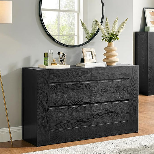 OKD 6 Drawer Dresser for Bedroom, 54" Wide Chest of Drawers with Thick Wood Design, Handleless, Modern Bedroom Dresser, Storage Organizer for Living Room/Entryway/Hallway, Black Oak