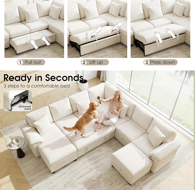 107.8" Oversized Modular Sectional Sofa with Pull Out Bed, 9 Seat U Shaped Sectional Sleeper Sofa with 291L Storage, Convertible Cloud Couch Bed, Sectional Couches for Living Room, Apartment (Beige)