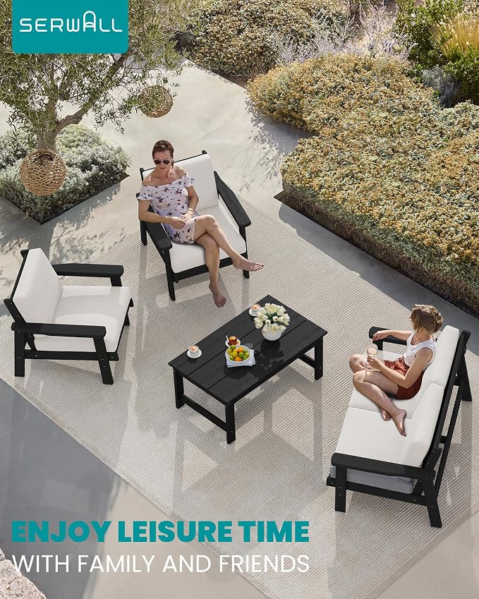 SERWALL HDPE Outdoor Patio Loveseat, All Weather Wood-Like Outdoor Sofa HDPE Outdoor Furniture, Black Frame and Khaki Cushion