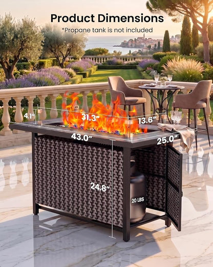 Ciays 43" Propane Fire Table, with Ceramic Top, Wind Guard, Lid, Glass Rock