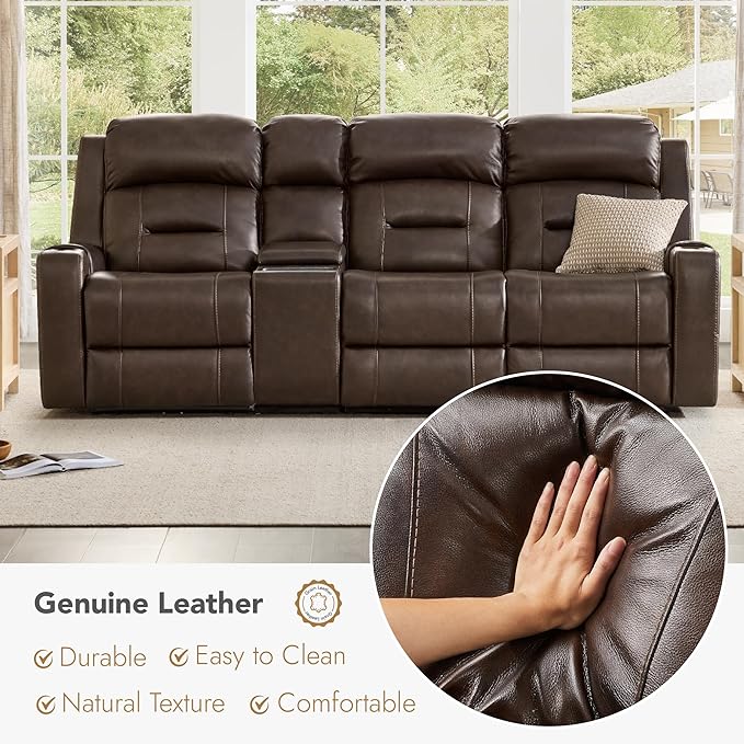 Watson & Whitely Genuine Leather Power Recliner Sofa, Lay Flat Reclining Sofa with Storage Console, Power Headrest & Cup Holders, 3 Seater Electric Reclining Couch for Living Room, Dark Brown