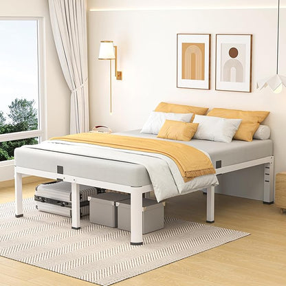 14 Inch Queen Bed Frame, Metal Platform Bed Frame with Round Corner Legs, 3500 lbs Heavy Duty Steel Slats Support, No Box Spring Needed, Noise Free, Easy Assembly, White