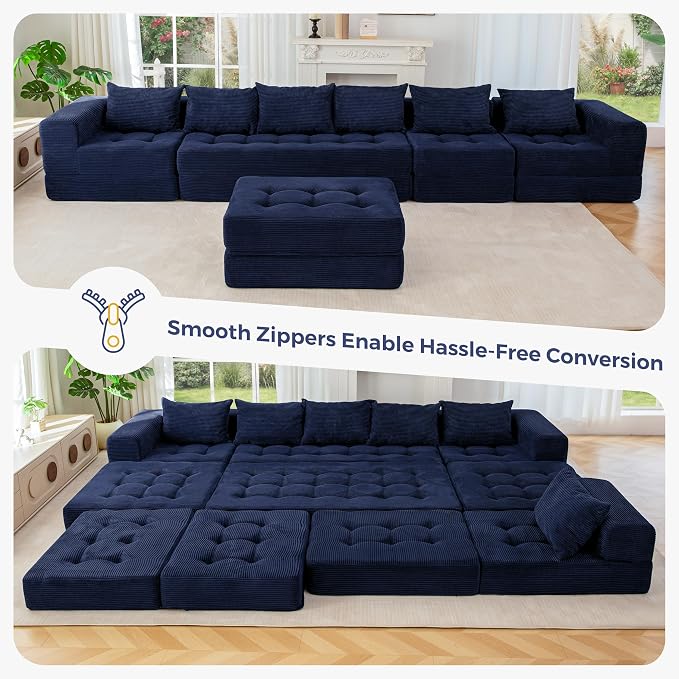 MAXYOYO Modular Sectional Sofa Couch, Foldable U Shaped Cloud Couch with Pillows, Tufted 7-Seat Boneless Lounger Floor Sofa Bed for Living Room, No Assembly Required, Navy