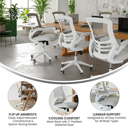 Flash Furniture Kelista Mid-Back Swivel Office Chair with Adjustable Lumbar Support and Seat Height, Ergonomic Mesh Desk Chair with Flip-Up Armrests, Gray/White