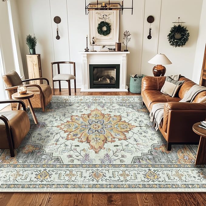 RELEANY Area Rugs 5'x7' Washable Non-Slip, Floral Vintage Distress Medallion Carpet for Living Room Bedroom Dining Room, Beige Carbon Grey Orange
