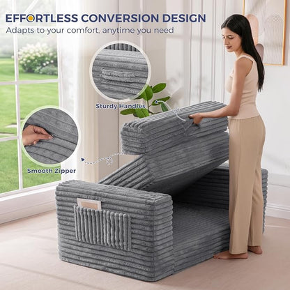 MAXYOYO Convertible Sofa Bed, 2 in 1 Folding Couch Bed for Small Space, Pull Out Loveseat Sofa Couch with Large Back Pillow, Plush Faux Fabric Lounge Couch for Living Room, Apartment, Grey
