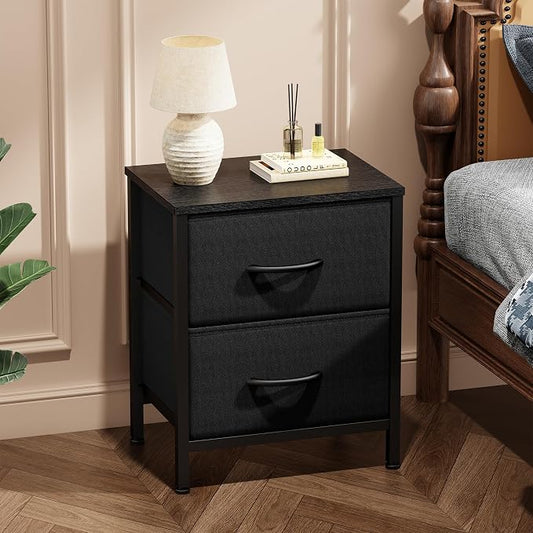 Sweetcrispy Nightstand with 2 Storage Drawers, Small Bedside Table, Black | 20" Height End Table, Wooden Top Fabric Cabinet for Bedroom, Furniture, Closet, College Dorm