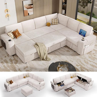 Vipbear 111" Modular Sectional Sleeper Sofa with Pull Out Bed, 7 Seat Corduroy L Shaped Couch with Ottoman|USB Ports|Cup Holders|Side Table|Storage Armrest, Tool Free Assembly, Beige