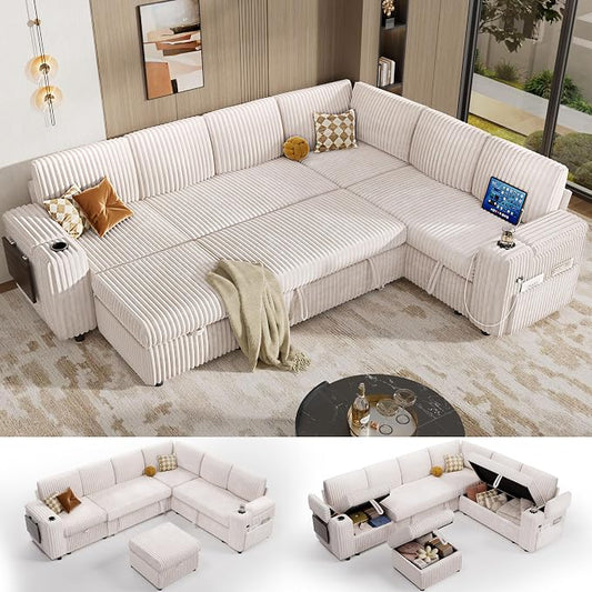 Vipbear 111" Modular Sectional Sleeper Sofa with Pull Out Bed, 7 Seat Corduroy L Shaped Couch with Ottoman|USB Ports|Cup Holders|Side Table|Storage Armrest, Tool Free Assembly, Beige