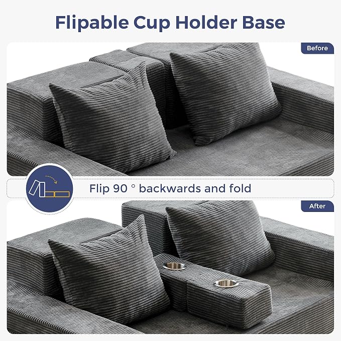 MAXYOYO Loveseat Sofa Bed, 64" Foldable Floor Sofa Couch in A Box with 2 Cup Holders, 4 in 1 Convertible Boneless Couch Folding Recliner Chair for Living Room, Grey
