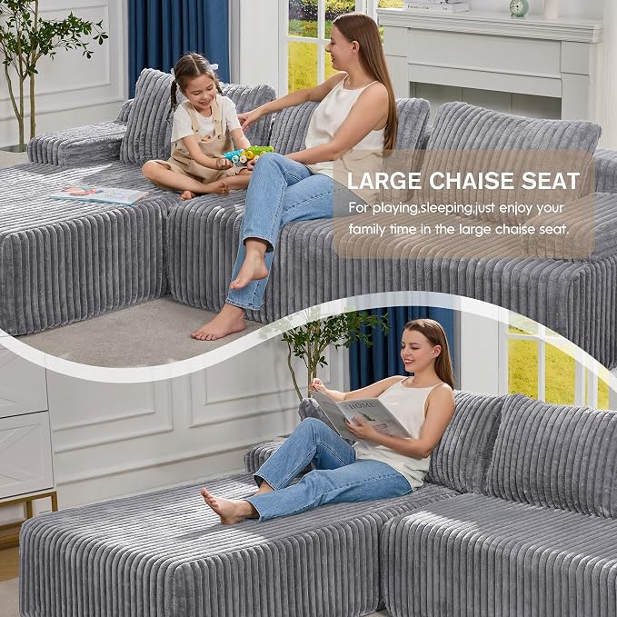 Hobestluk Boneless Couch Modular Sectional Sofa L-Shape Oversized Chaise | 108" Left Facing Chaise Light Grey,Memory Foam,Removable Cover,Non-slip Bottom,No Assemble Required,Living Room Furniture