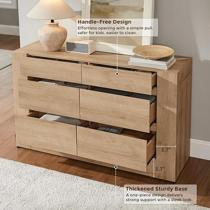 OKD 6 Drawer Dresser for Bedroom, 54" Wide Chest of Drawers with Thick Wood Design, Handleless, Modern Bedroom Dresser, Storage Organizer for Living Room/Entryway/Hallway, Natural Oak