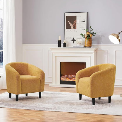Topeakmart Barrel Chair, Soft Sherpa Accent Chair Side Chair Club Chair Modern Style Deep Seating Barrel Armchair for Living Room Furniture Reading Room Bedroom, Set of 2, Mustard Yellow