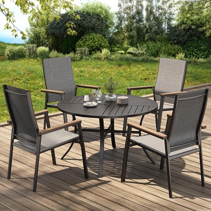 PHI VILLA 5 Pieces Outdoor Patio Dining Set with 4 Stackable Aluminum Dining Chairs & 1 Large Round Dining Table, Extra Wide Textilene Mesh Fabric Chair and 42" Metal Table for All Weather