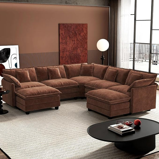 Ihanherry 114" V-Shaped Modern Sofa Modular Sectional Luxurious and Comfortable with 2 Ottoman, 7-Seat Chenille Deep Seat Sofa with Corner Section for Living Room, Bedroom and Apartment, Brick Red