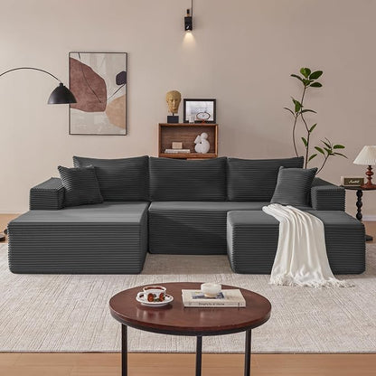 Mangodan 110” Cloud Sectional Couch, Modular Sectional Sofa with Deep Seat, Boneless Sofa for Living Room, Fluffy Comfy U-Shaped Couch with Left Facing Chaise, No Assembly Required, Grey