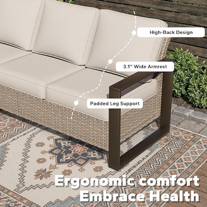 Joyside Outdoor Patio Sofa, 4 Pieces Wicker Rattan Furniture Set, 1 Patio Couch and 2 Ottoman, Metal Wide Armrest, Thick Cushions and Deep Seating for Garden, Backyard, Porch, Deck