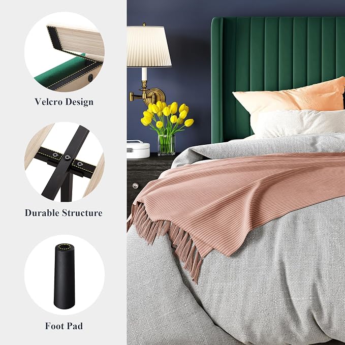 Allewie King Size Bed Frame/Velvet Upholstered Platform Bed/Vertical Channel Tufted Wingback Headboard/Strong Wooden Slats/No Box Spring Needed/Easy Assembly/Green