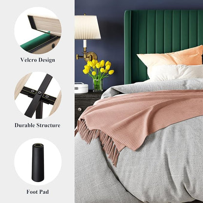 Allewie King Size Bed Frame/Velvet Upholstered Platform Bed/Vertical Channel Tufted Wingback Headboard/Strong Wooden Slats/No Box Spring Needed/Easy Assembly/Green