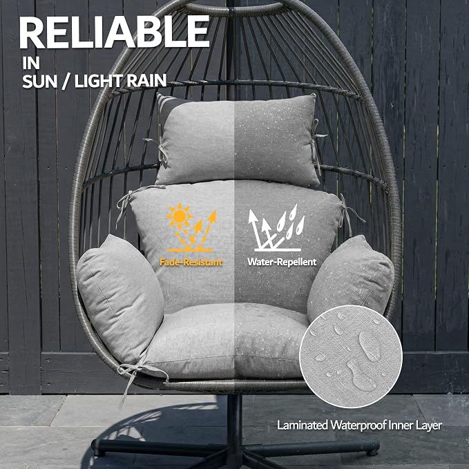 Egg Chair Cushion with 8 Securing Straps, Water-Repellent & Fade-Resistant Faux Linen, Removable Cover, Replacement Cushion for Most Single Outdoor Hanging Swing Egg Chairs – Light Grey