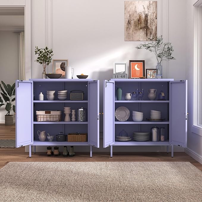 Accent Cabinet Locker, Square Storage Cabinet 36 Inch High, Freestanding Metal Storage Cabinet with 2 Doors and 2 Adjustable Shelves, Multifunctional Cabinet for Home, Hallway and Office Purple