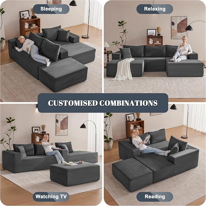 Mangodan 110” Cloud Sectional Couch, Boneless Sofa for Living Room, Modular Sectional Sofa with Deep Seat, Comfy Fluffy U-Shaped Couch with Right-Facing Chaise, No Assembly Required, Grey