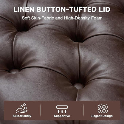 Mangodan Storage Ottoman Bench, Tufted Ottoman with Storage for Living Room, Large End of Bed Ottomans, Modern Entryway Benchs (Faux Leather Dark Brown, 50 Inch)