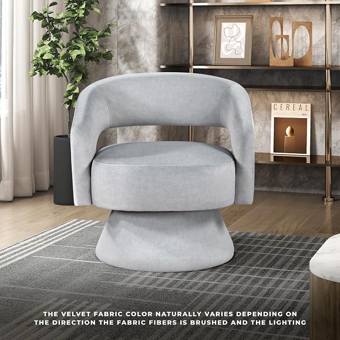 Lexicon 360 Degree Swivel Accent Chair, Modern Comfy Velvet Round Barrel Chair, Open Back, Plush Foam Cushions, Metal Swivel Base for Living Room/Bedroom/Office/Small Spaces, Gray