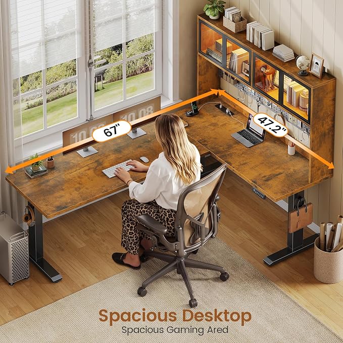 SEDETA 67" Standing L Shaped Gaming Desk, Office Computer Desk with Storage Hutch, Stand Up Corner Desk with Pegboard & Led Lights for Home Office, Rustic Brown