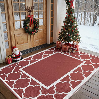 GENIMO 5' x 8' Outdoor Rug Waterproof for Patio Decor, Foldable Reversible Plastic Straw Area Rugs Mat for Camper, Outside Carpet for Rv, Deck, Porch, Picnic, Beach, Balcony, Red & White