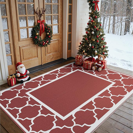 GENIMO 5' x 8' Outdoor Rug Waterproof for Patio Decor, Foldable Reversible Plastic Straw Area Rugs Mat for Camper, Outside Carpet for Rv, Deck, Porch, Picnic, Beach, Balcony, Red & White
