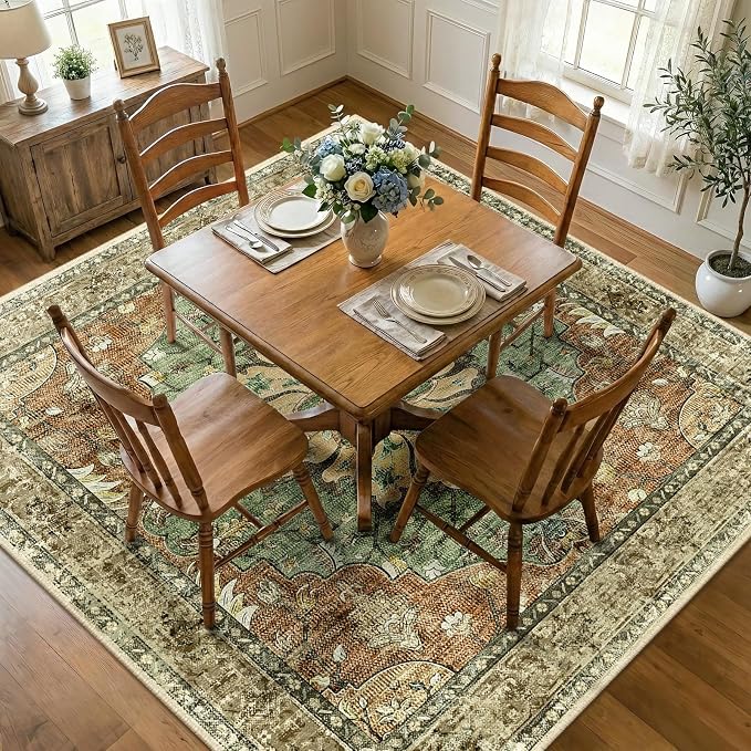 RELEANY Area Rugs Square 7ft Washable Non-Slip, Floral Vintage Distress Medallion Carpet for Living Room Bedroom Dining Room, Terracotta Burnt Orange Green