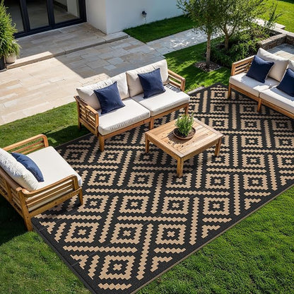 GENIMO Outdoor Rug for Patio Clearance, 8'x16' Waterproof Camping Mat, Reversible Plastic Straw Rugs for RV, Camper, Balcony, Backyard, Picnic, Deck, Black & Brown