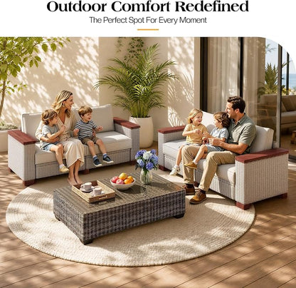 PaPaJet 4-Piece Wicker Patio Furniture Set with Solid Wood Armrest, Outdoor Patio Set with Thick Legs, UV-Resistant Modular Outdoor Sectional Sofa for Backyard, Porch, Garden