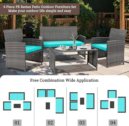 4 Piece Patio Ratten Set Outdoor Furniture Set Wicker Conversation Sets with Cushions and Tempered Glass Tabletop,Blue