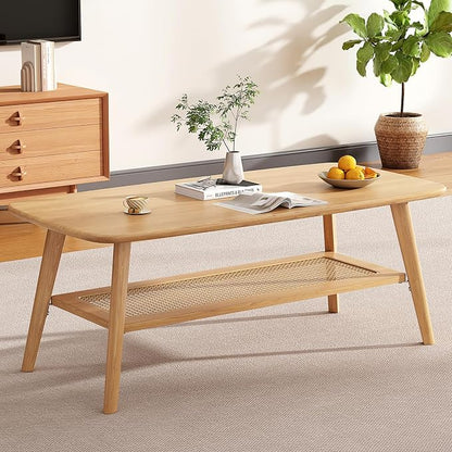 Coffee Table Small Solid Wood Center Table Mid Century Vintage Living Room Coffee Table, Original Rattan 47.24 Inch
